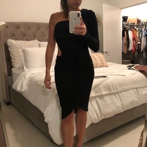 One shoulder black midi dress